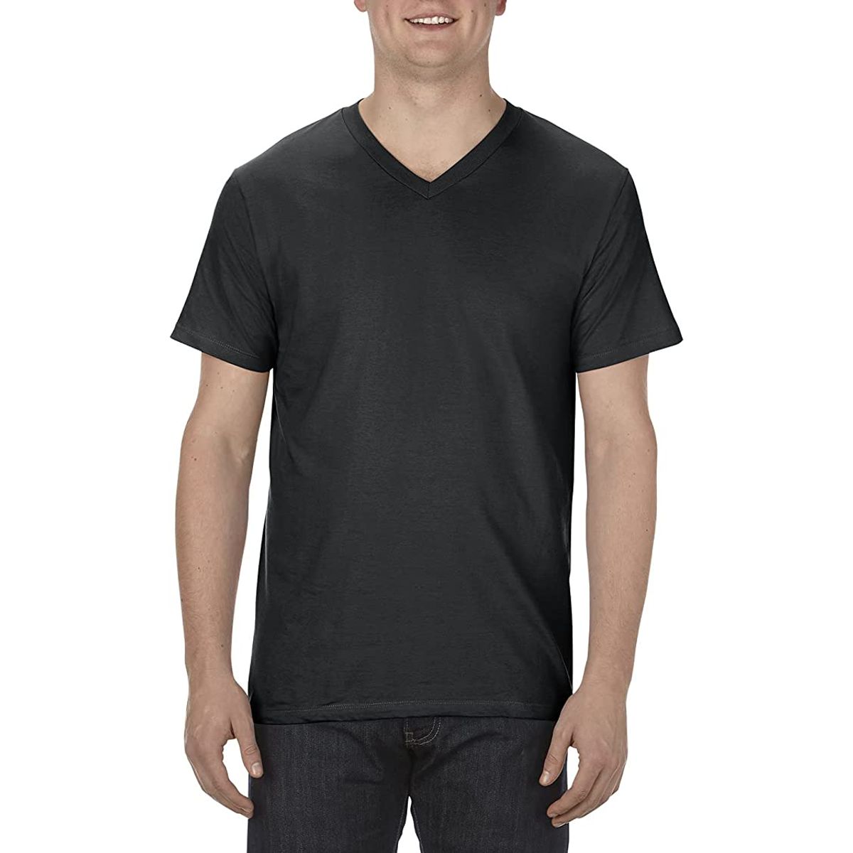 Alstyle Adult Ringspun Cotton V-Neck T-Shirt (Size Small) - Black