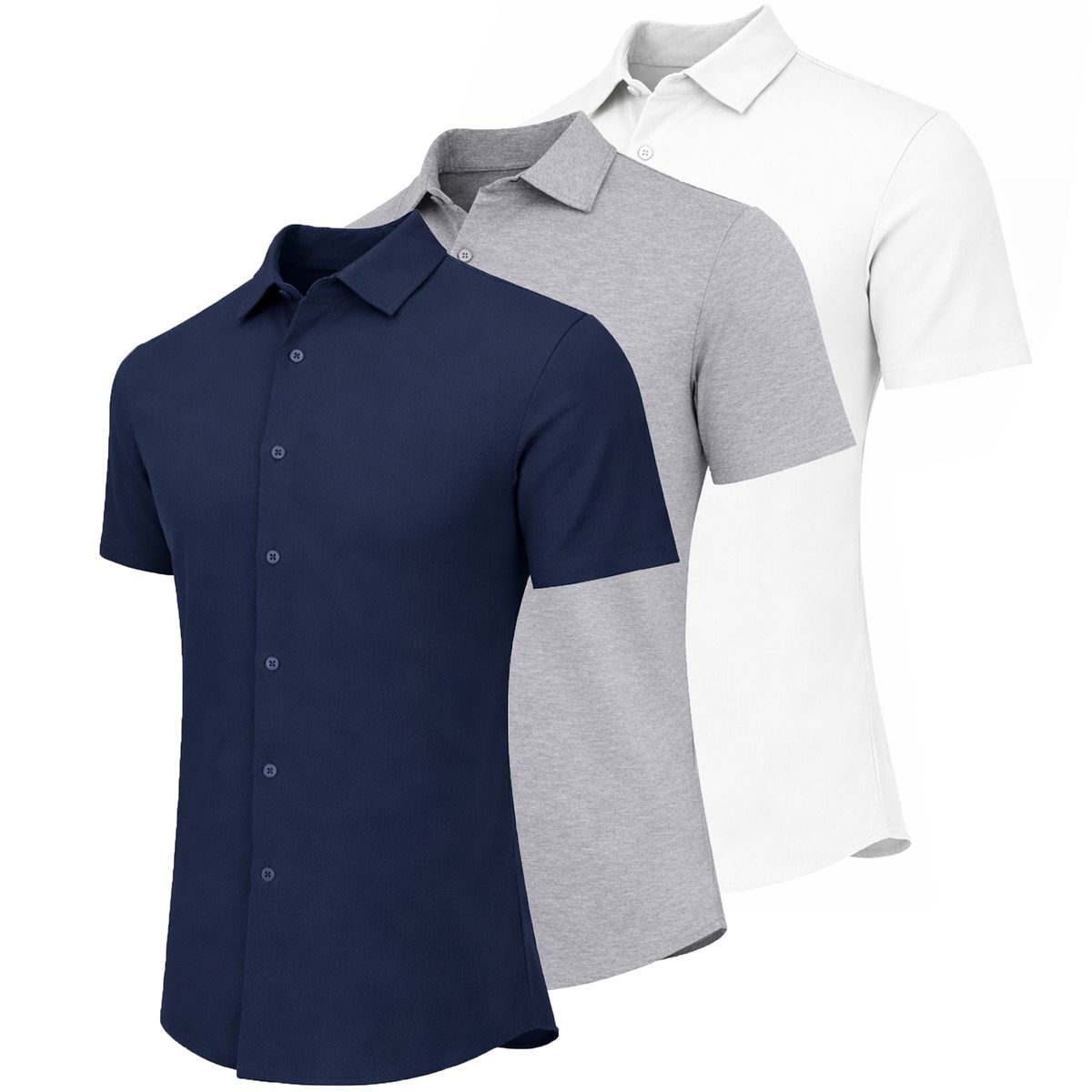 Men&rsquo;s Button-Up Short Sleeve Dress Shirt (3-Pack) - JMKSS-05 / NV-HG-WH / 2XL