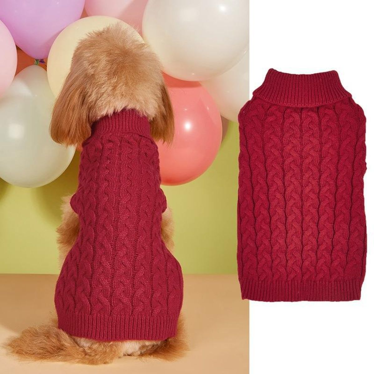 Classic Cable Knit Dog Sweater - Burgundy-S