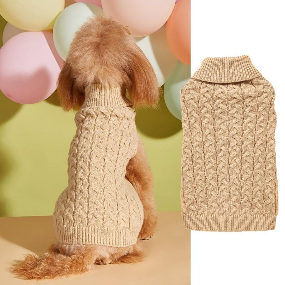 Classic Cable Knit Dog Sweater - Khaki-M