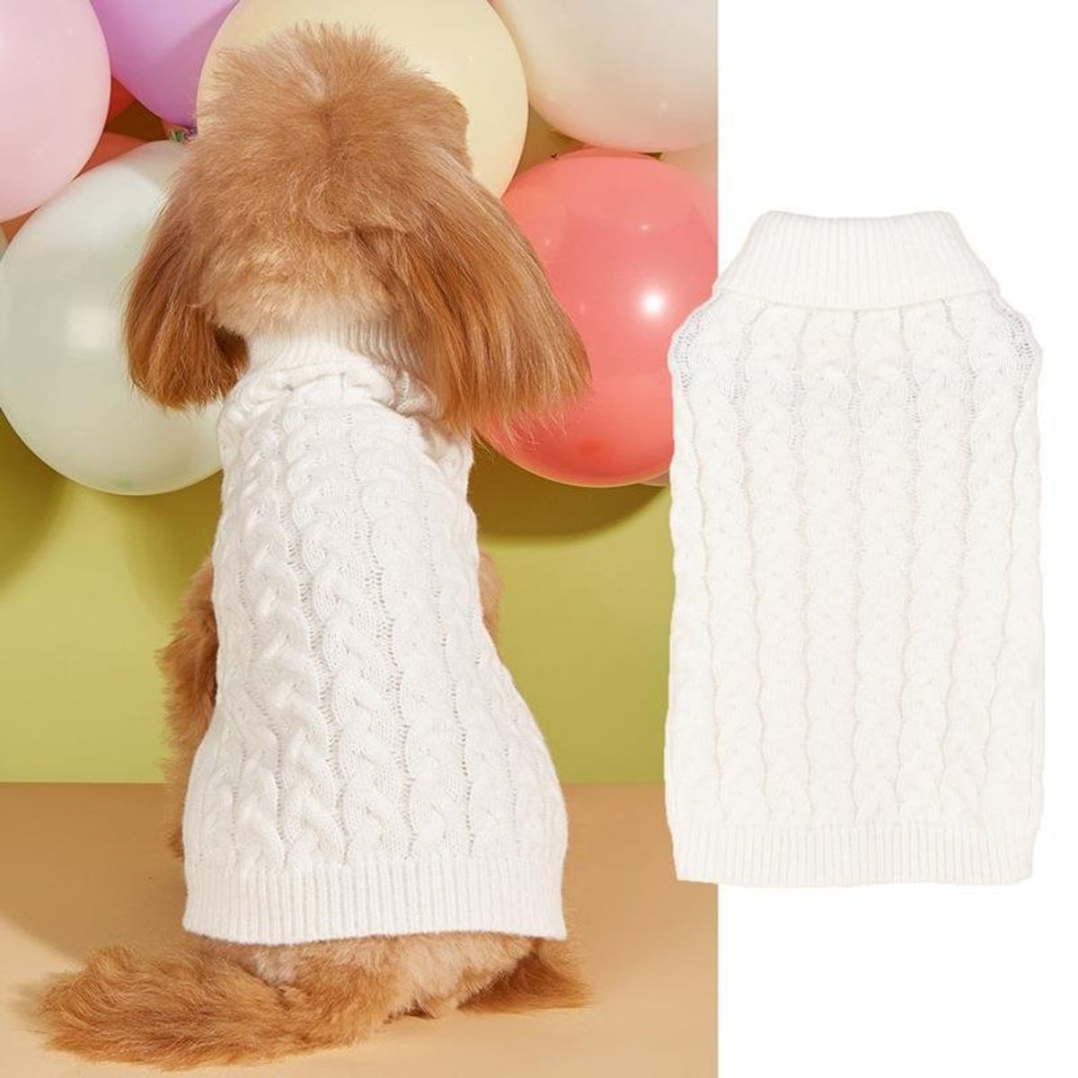 Classic Cable Knit Dog Sweater - White-M