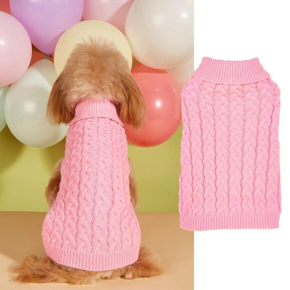 Classic Cable Knit Dog Sweater - Pink-M