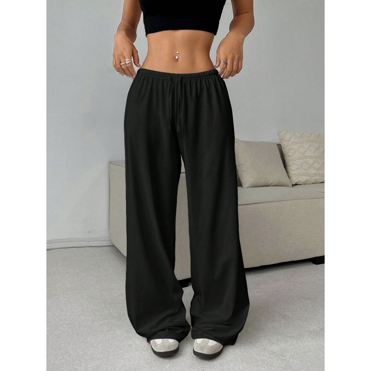 Women's Soft Knit Drawstring Wide Leg Pants - Black-M
