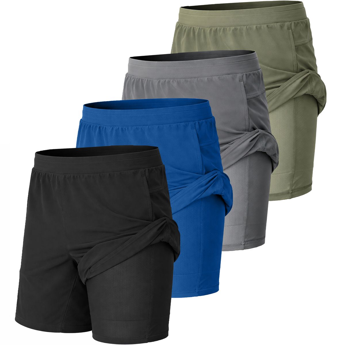 Men's Athletic Shorts (4-Pack) - MMES-200-BK-RY-GY-SG - 2XL