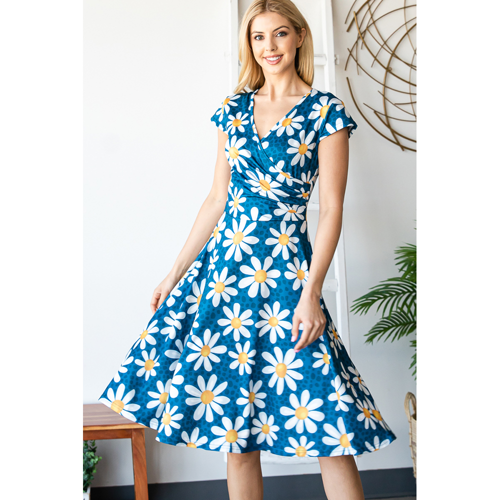 Women's Print V-Neck Skater Dress - Denim Floral - Large