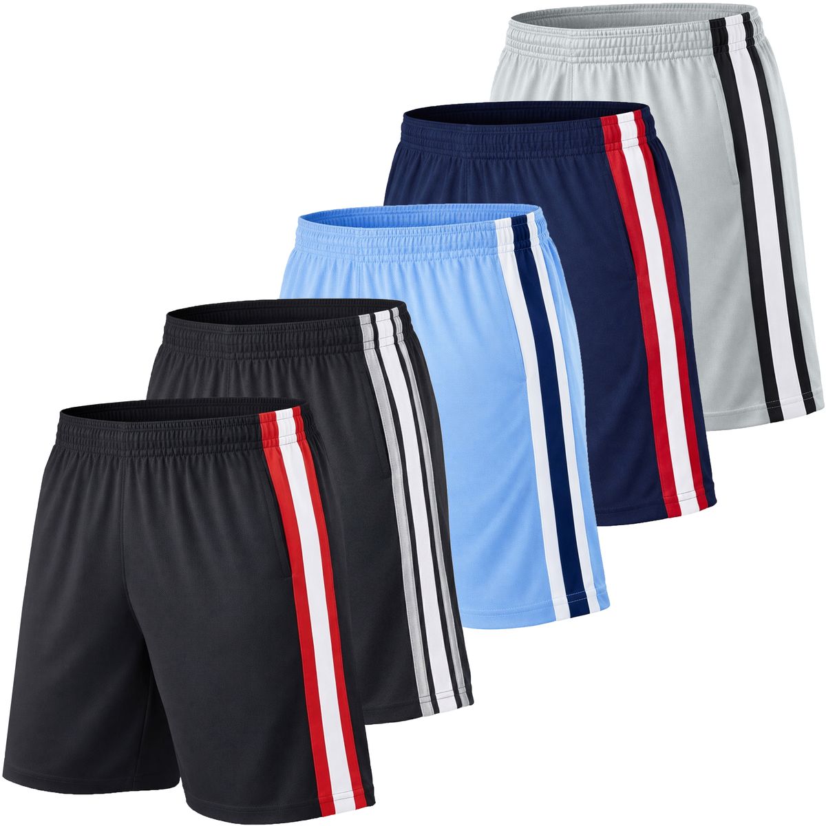 Men's Quick-Dry Mesh Training Shorts (5-Pack) - JMMS-3540-BK/RD-BK/SV-LB/WH-NV/RD-SV/BK - 2XL