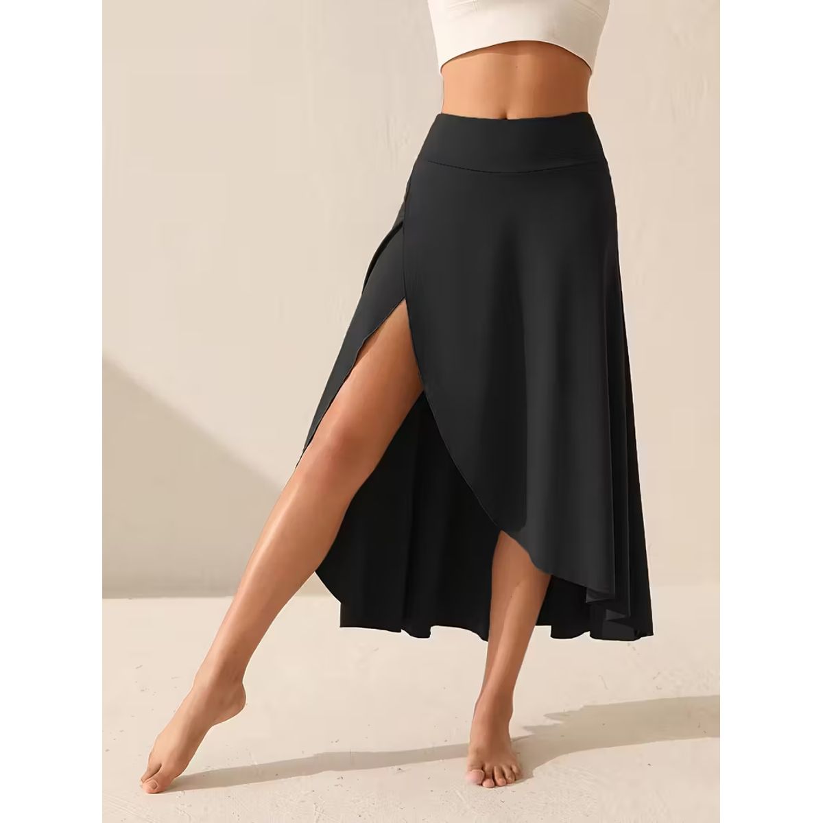 Women's High Waisted Split Midi Skirt with Built-in Shorts - Black-S