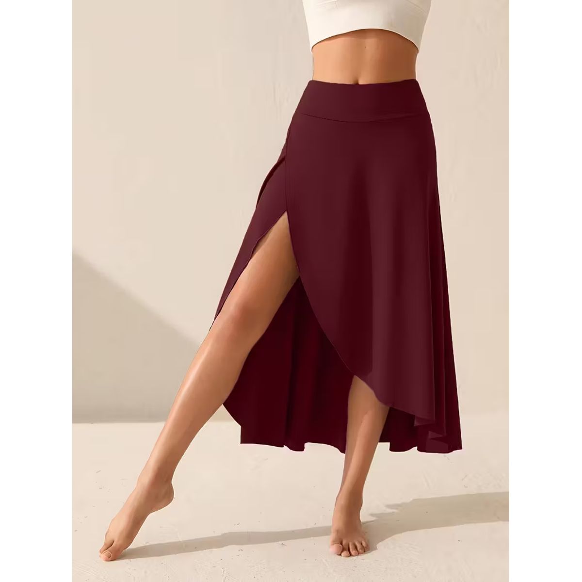 Women's High Waisted Split Midi Skirt with Built-in Shorts - Burgundy-S