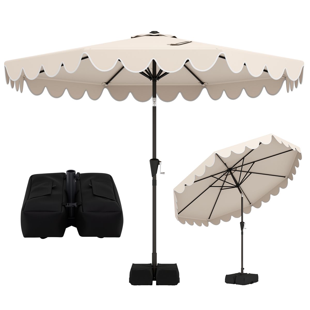 Ruffled Patio Umbrella with Base - 9 FT-Beige