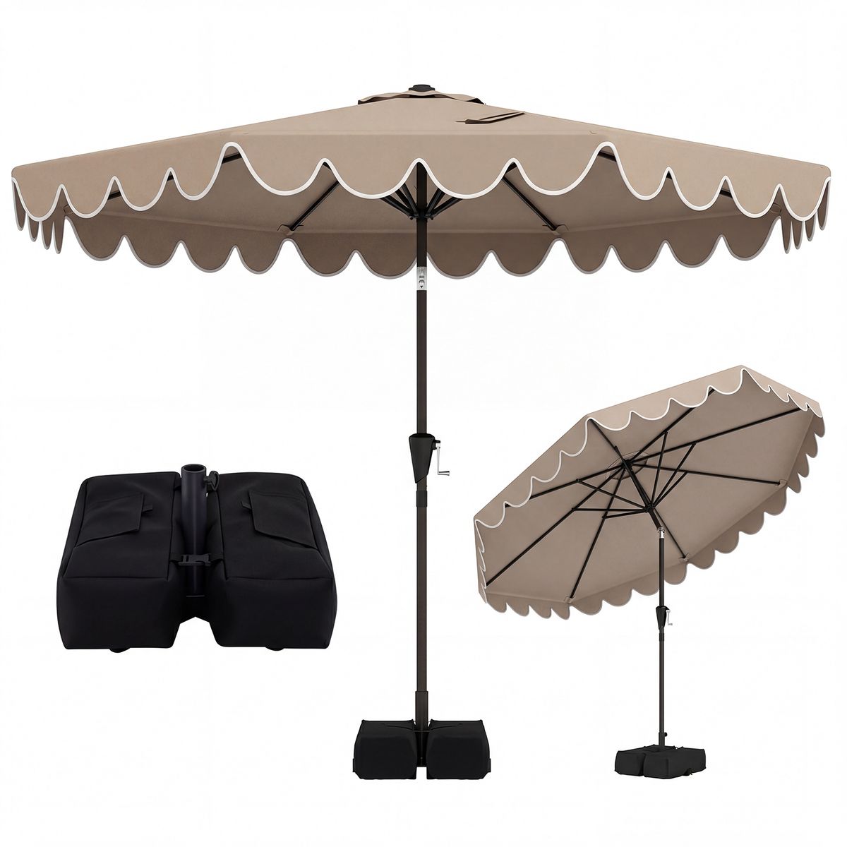 Ruffled Patio Umbrella with Base - 9 FT-Brown