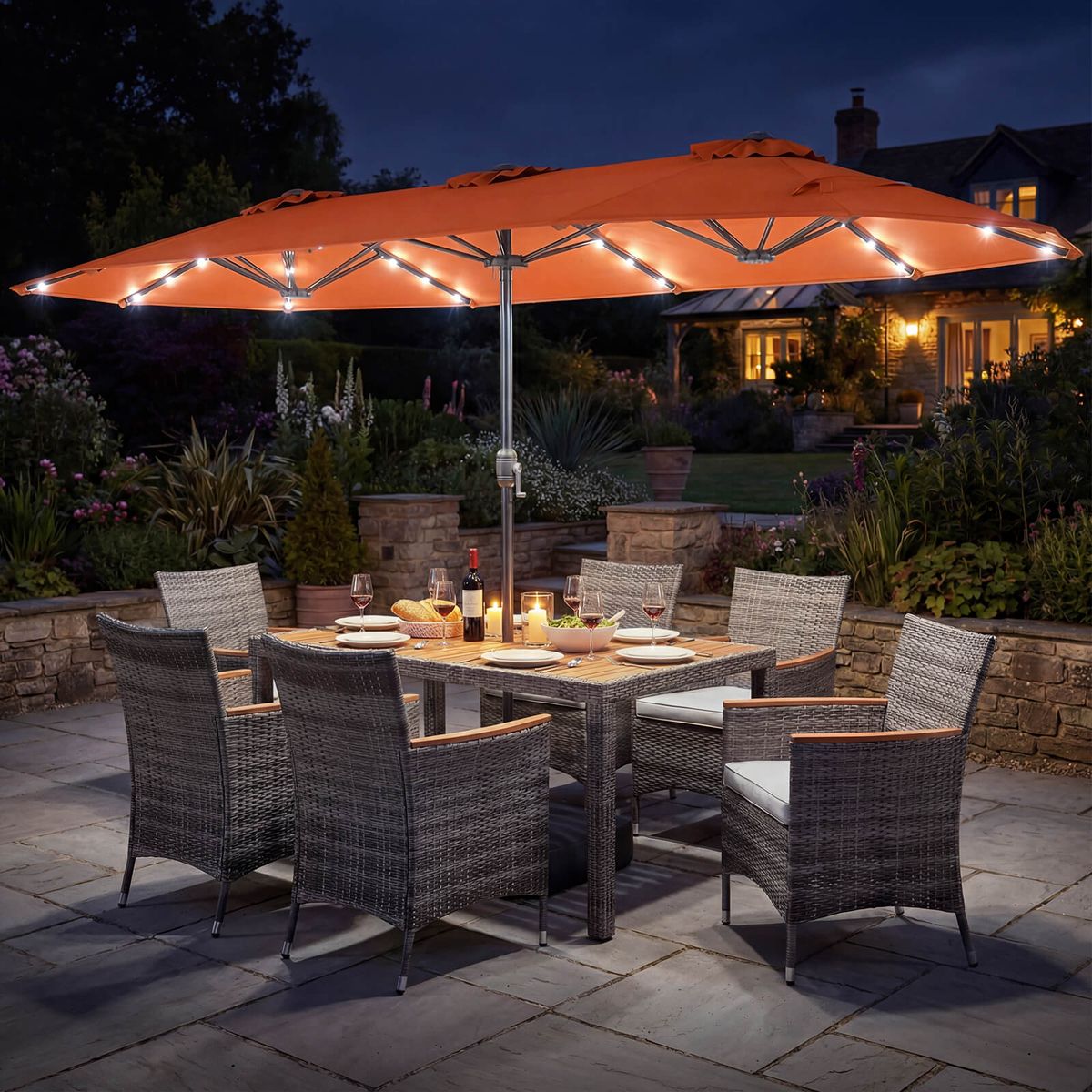 Outdoor Wicker Dining Furniture (8 Piece Set) - Orange