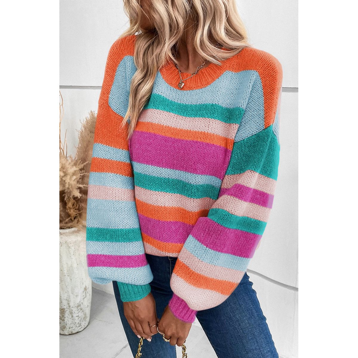 Ivy Knit Drop Shoulder Puff Sleeve Sweater - Multicolor / S / 60%Acrylic+40%Polyamide