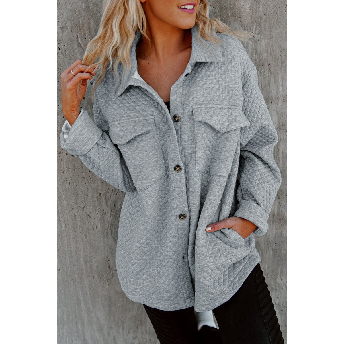 Brooklynn Retro Quilted Flap Pocket Button Shacket - Gray / S / 95%Polyester+5%Elastane