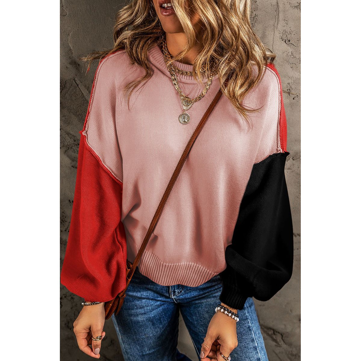Aspen Bishop Sleeve Ribbed-Trim Sweater - Pink / S / 55%Acrylic+45%Cotton