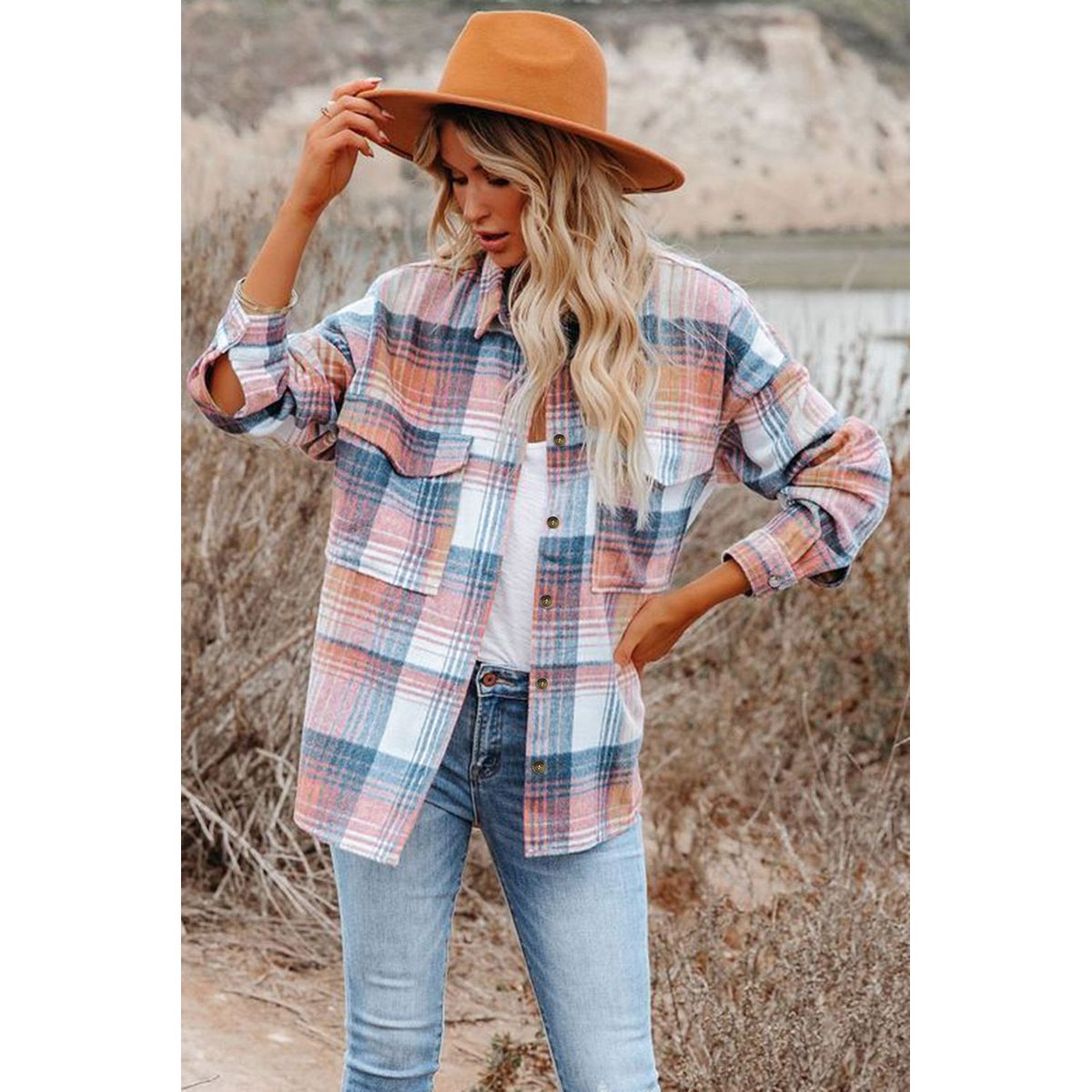 Addison Plaid Flap Pockets Shacket - Pink / S / 100%Polyester
