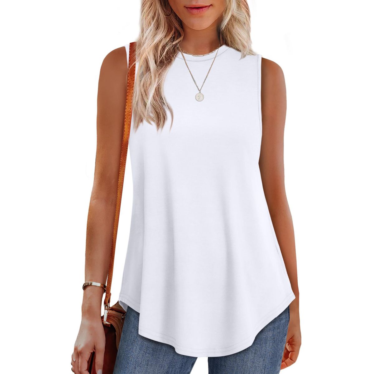 Women's Sleeveless Flowy Tank Top - White-L
