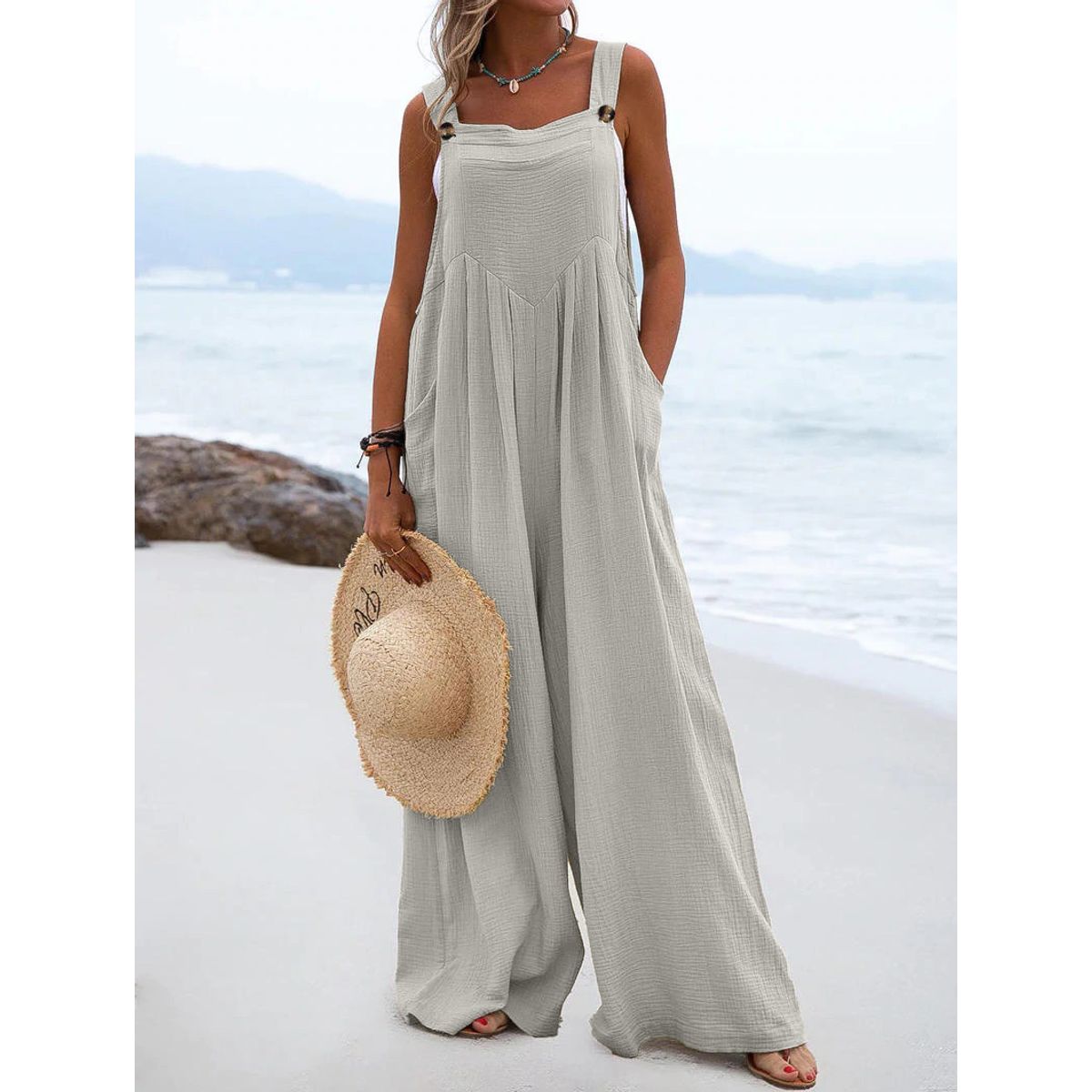 Women's Casual Sleeveless Wide Leg Jumpsuit - Grey-S