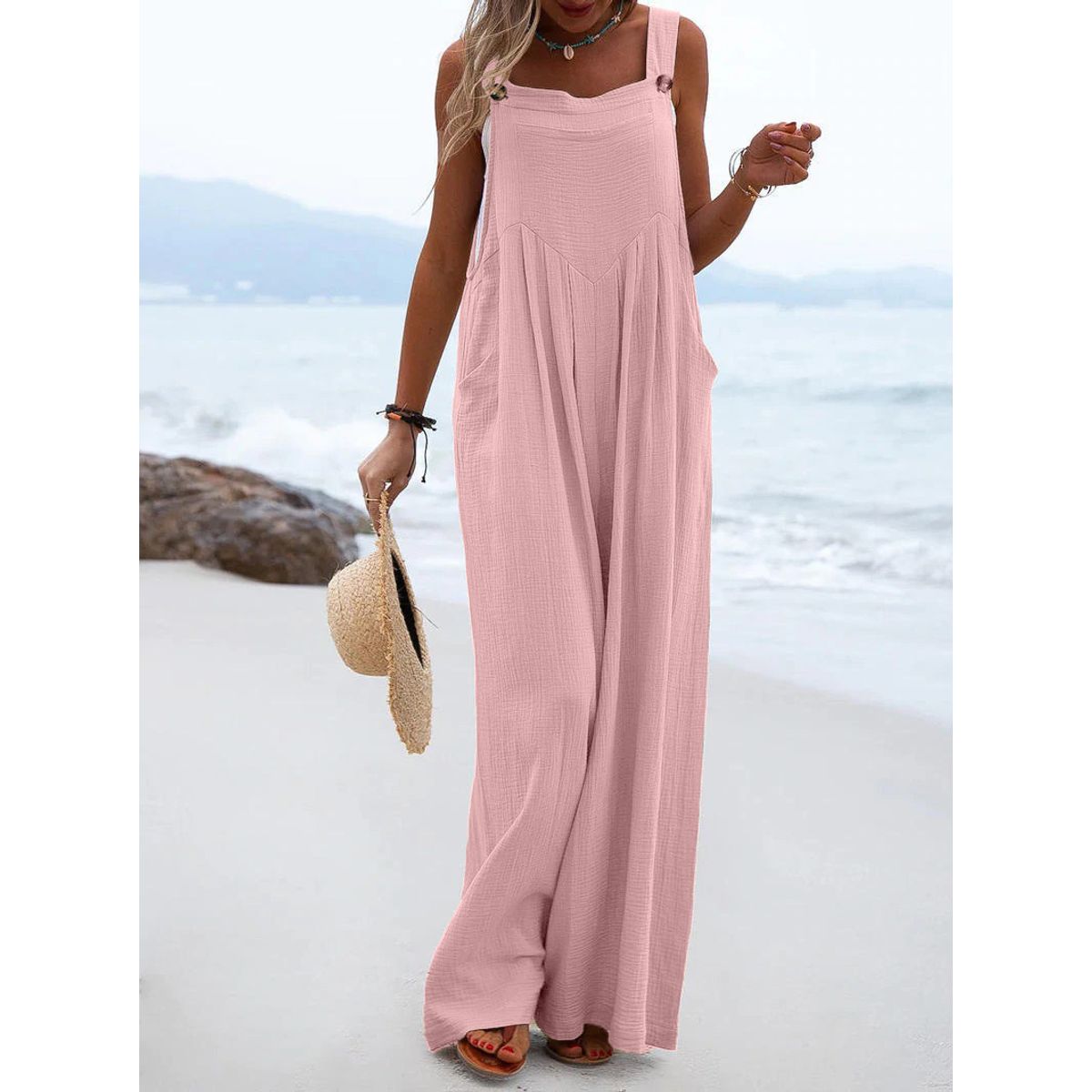 Women's Casual Sleeveless Wide Leg Jumpsuit - Pink-XL