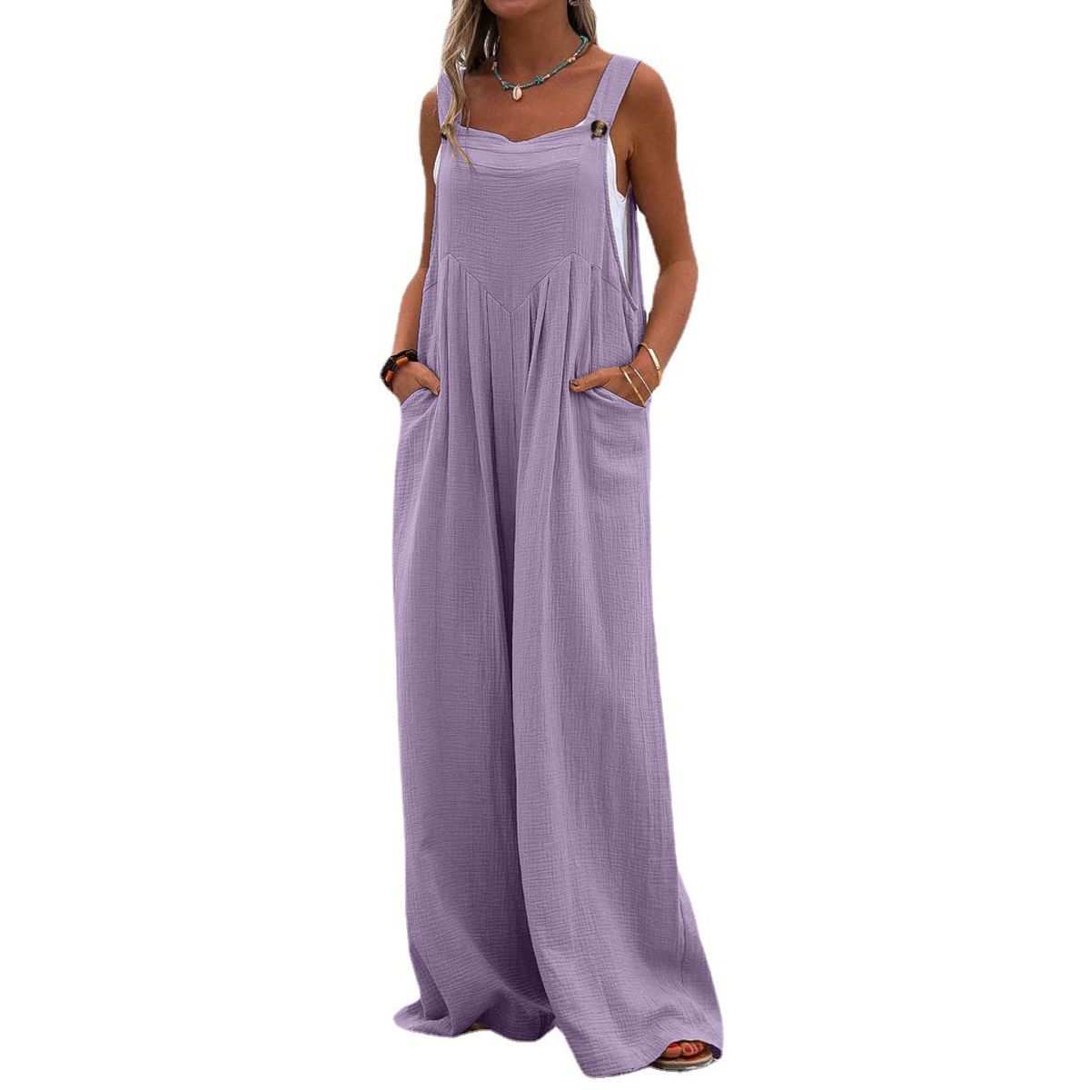 Women's Casual Sleeveless Wide Leg Jumpsuit - Purple-XL