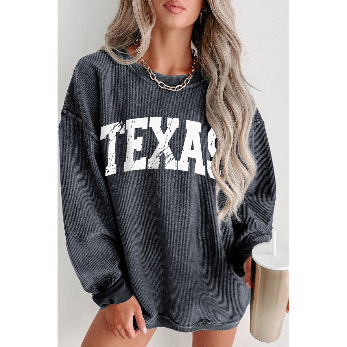 Texas Ribbed Knit Round Neck Pullover Sweatshirt - Texas / S / 100%Polyester