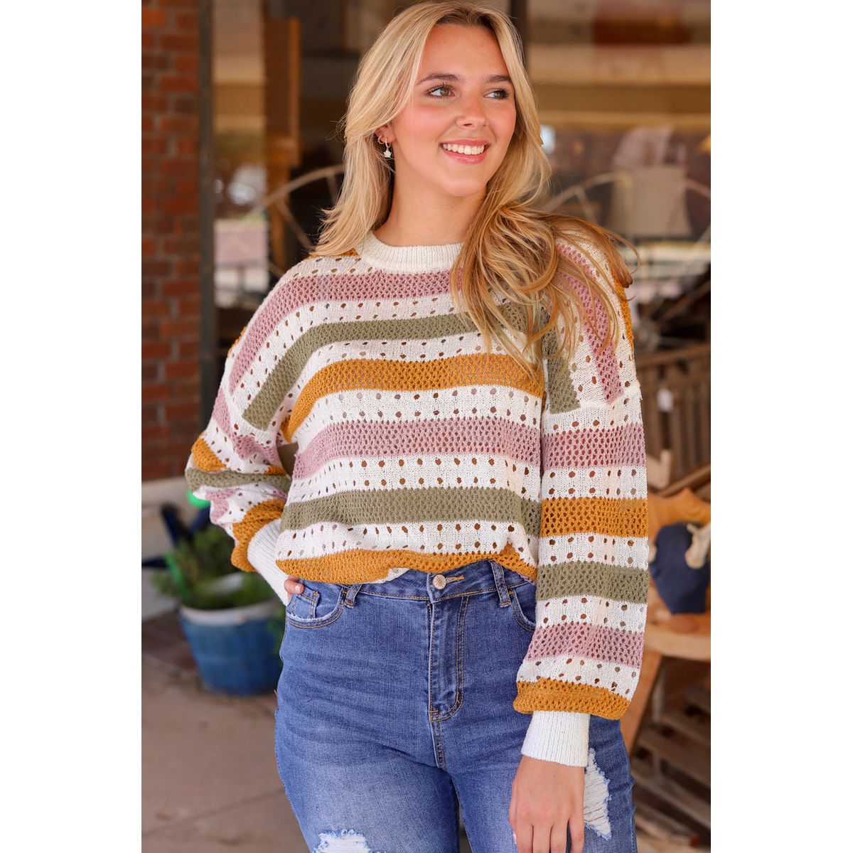 Caroline Striped Hollowed-Knit Loose Sweater - Multicolor / S / 100%Acrylic