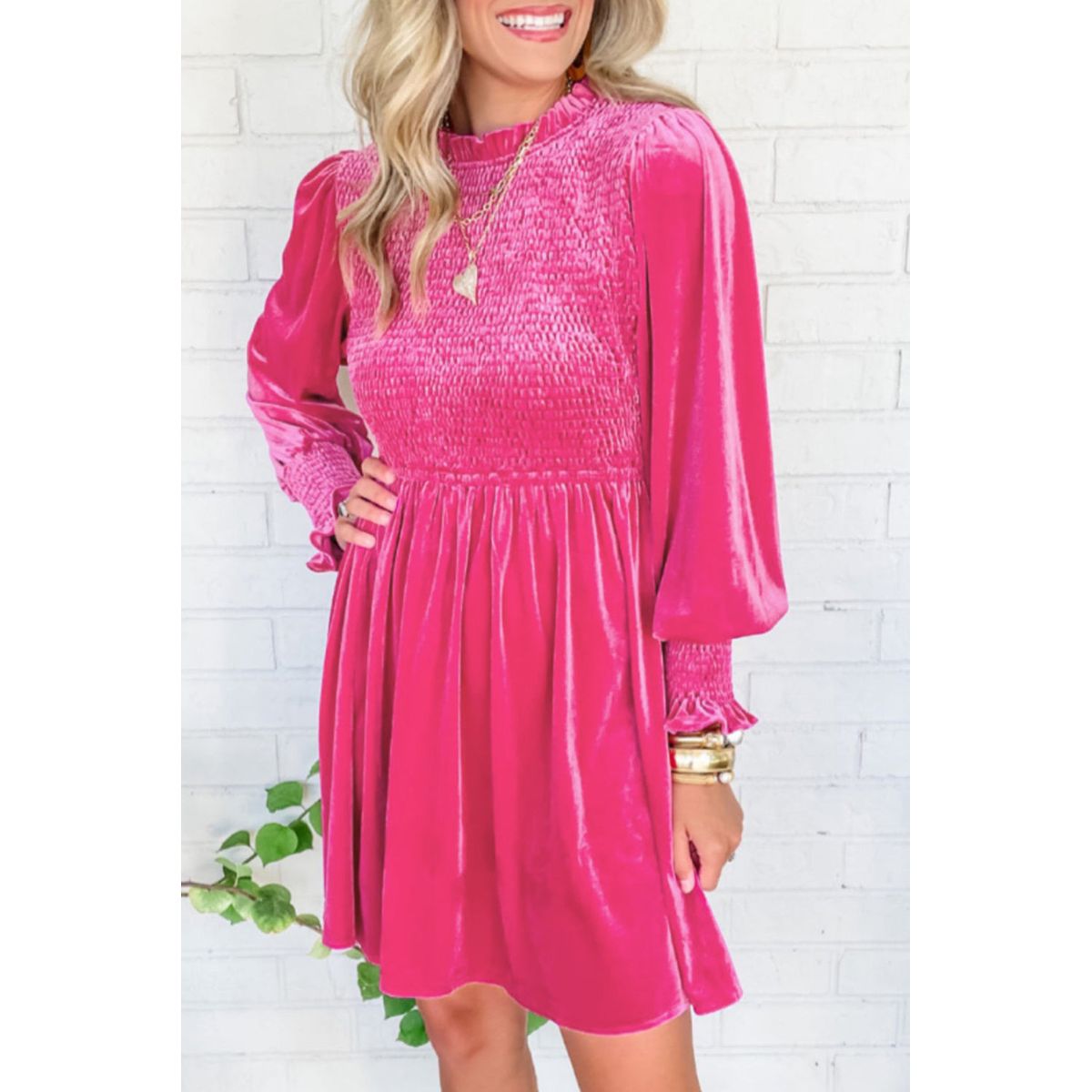 Nina Frilled Neck Smocked Bodice Velvet Dress - Rose Red / S / 95%Polyester+5%Elastane