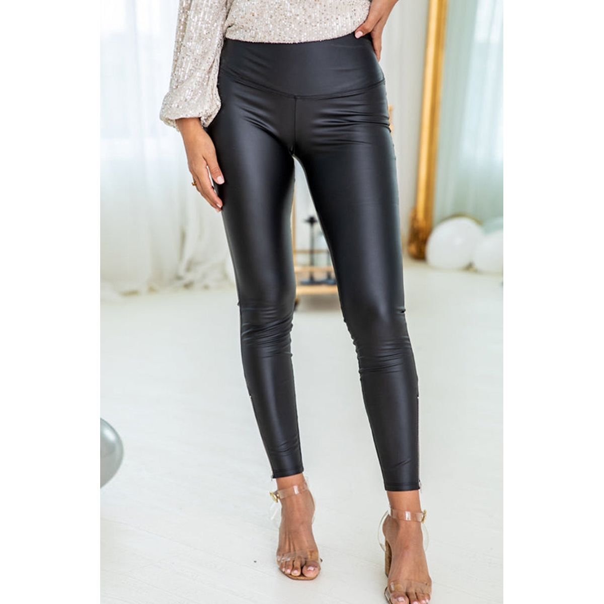 Heidi Faux Leather Zipped Detail Leggings - Black / S / 100%PU