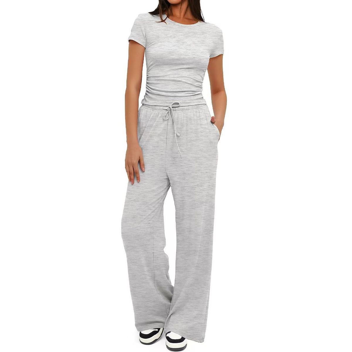 Women's Ruched Short Sleeve Top and Wide Leg Pants (2 Piece Set) - Light Grey-S