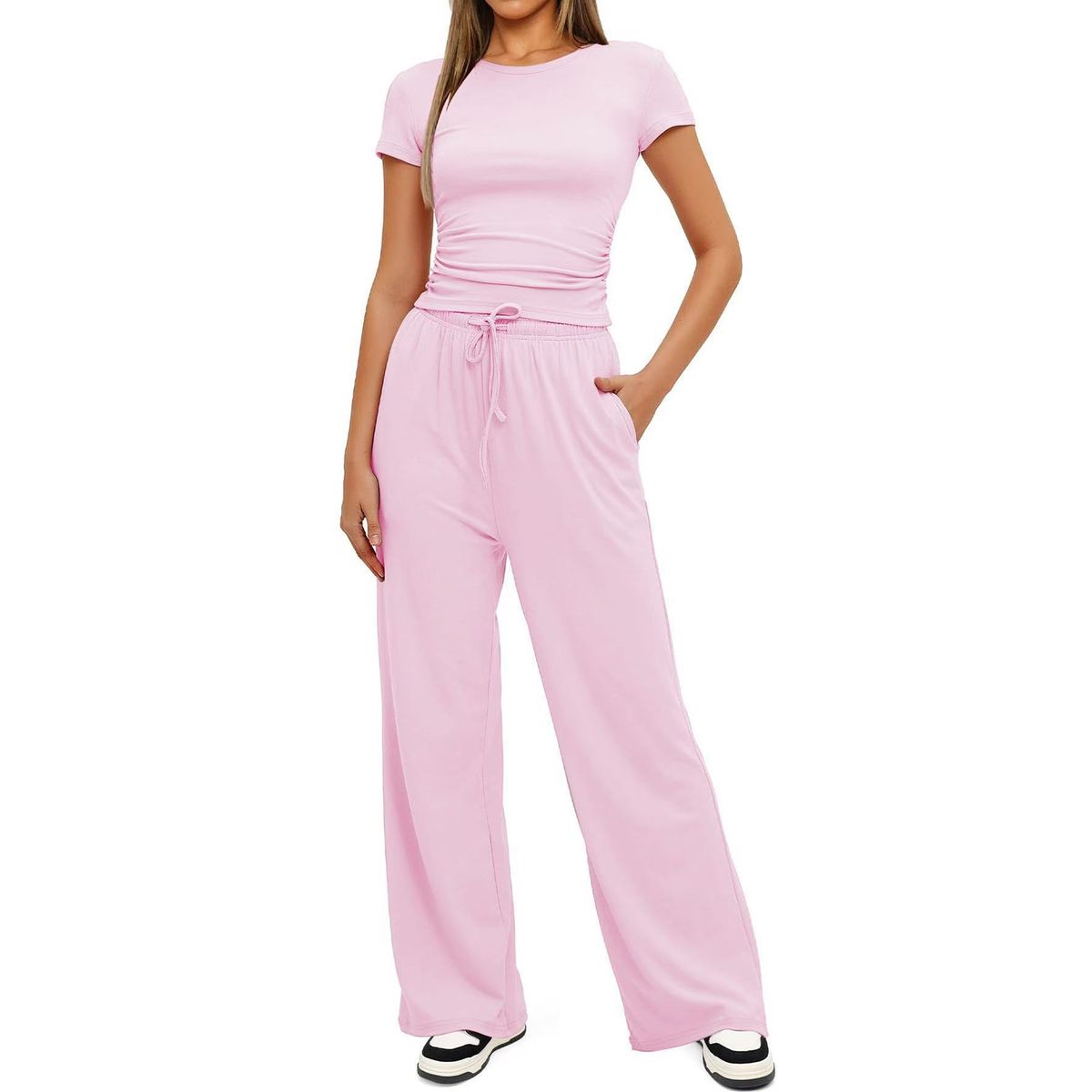 Women's Ruched Short Sleeve Top and Wide Leg Pants (2 Piece Set) - Pink-XL