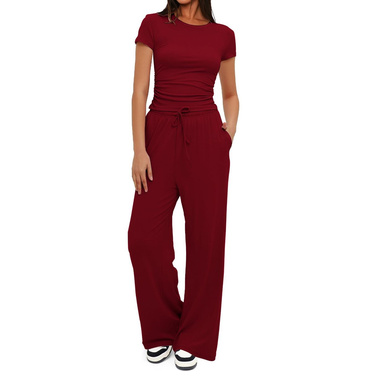 Women's Ruched Short Sleeve Top and Wide Leg Pants (2 Piece Set) - Burgundy-L