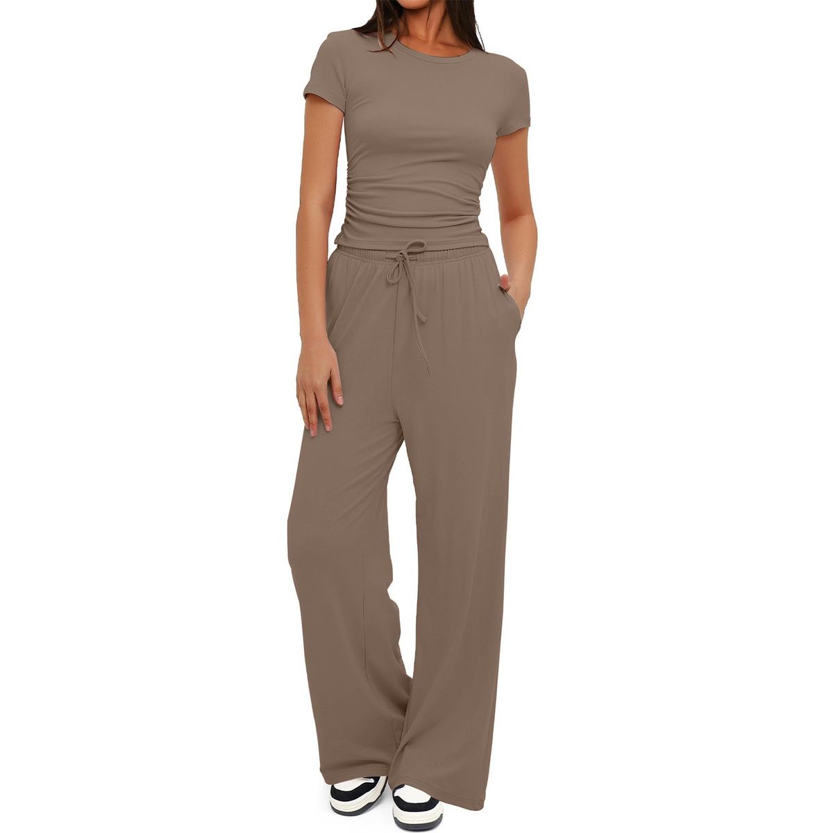 Women's Ruched Short Sleeve Top and Wide Leg Pants (2 Piece Set) - Taupe-S