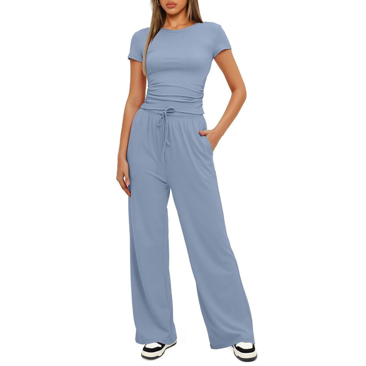 Women's Ruched Short Sleeve Top and Wide Leg Pants (2 Piece Set) - Blue-M
