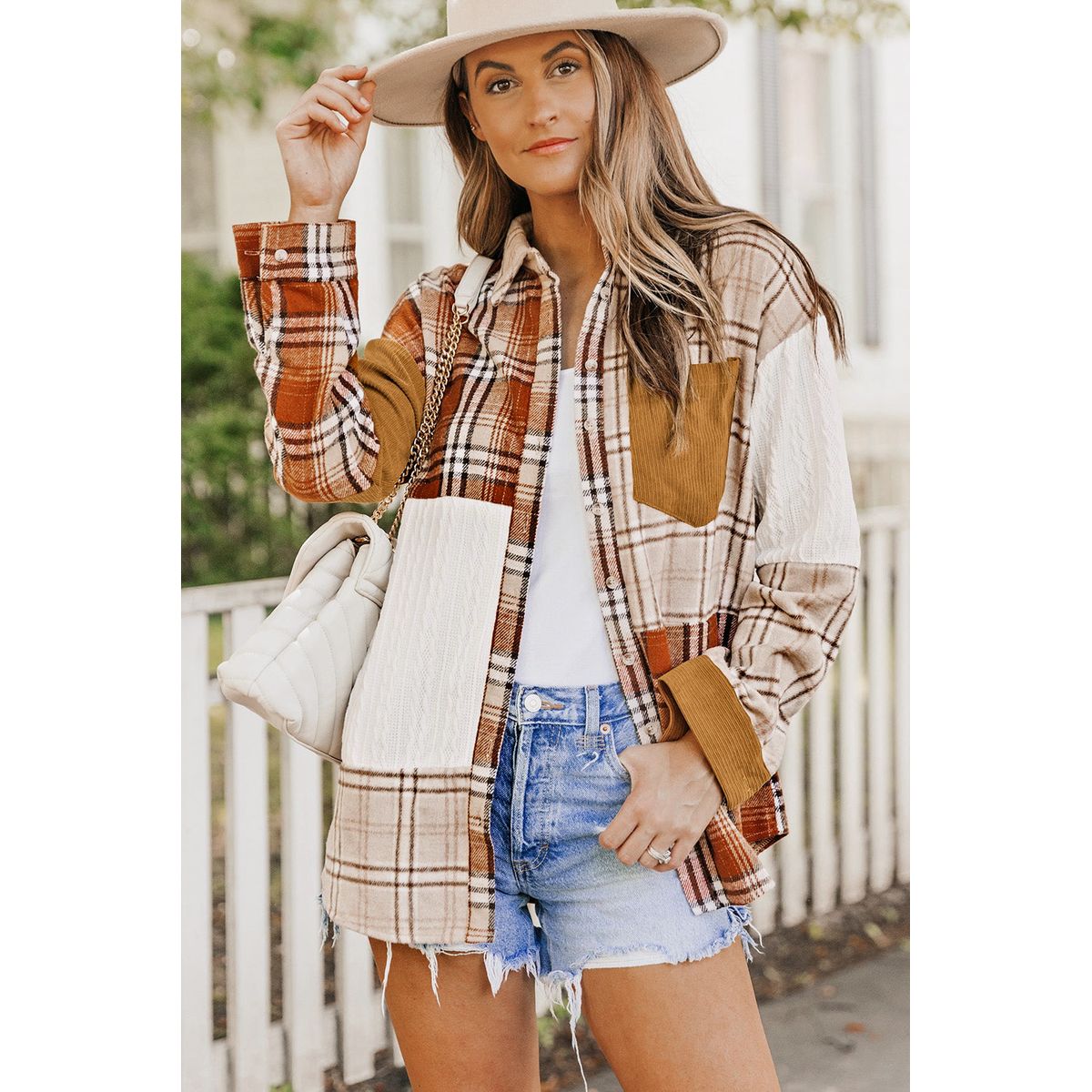 Sutton Plaid Color Block Patchwork Shirt Jacket with Pocket - Orange / S / 100%Polyester