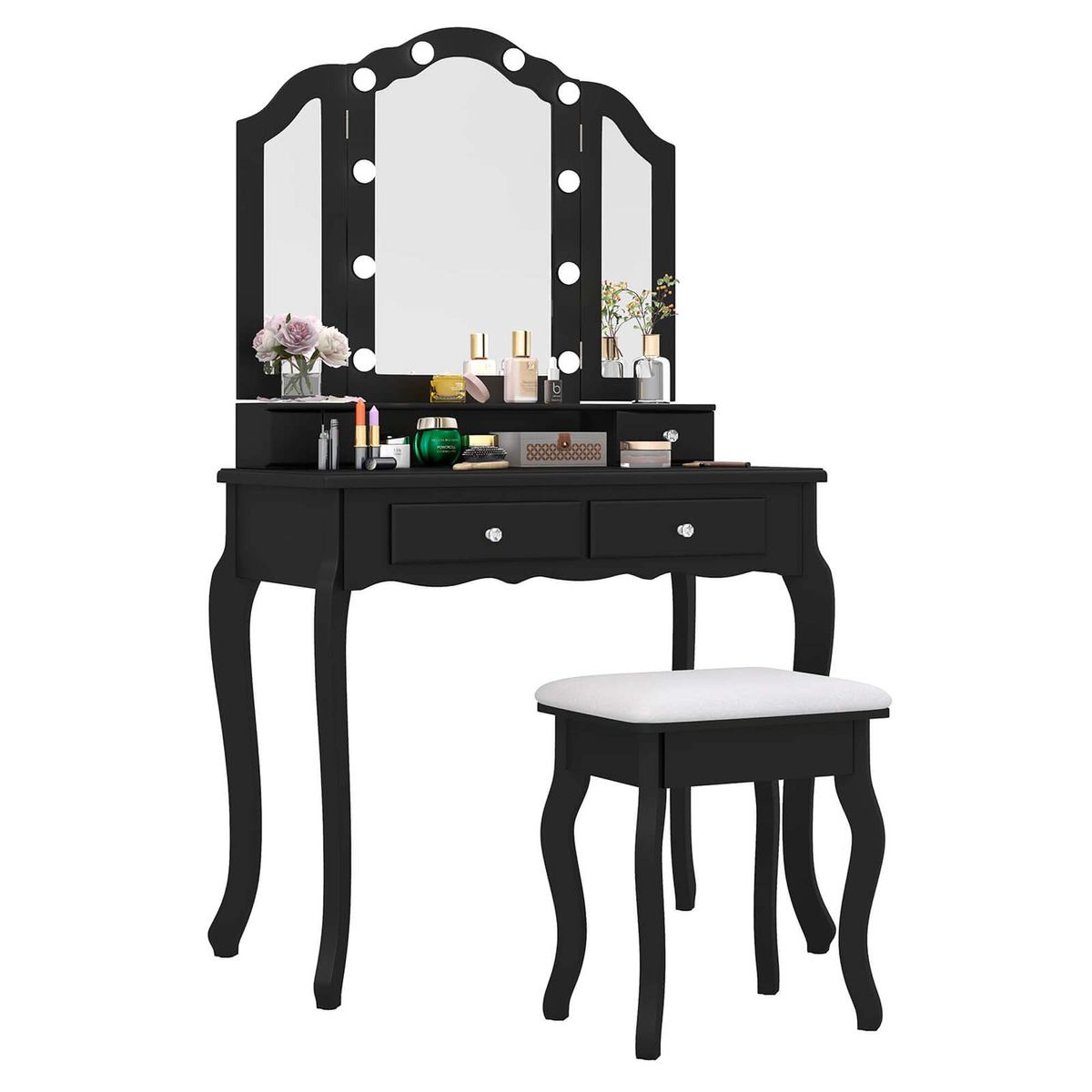 Makeup Vanity Table Set with Lighted Mirror and Drawers - Vanity Set-Black