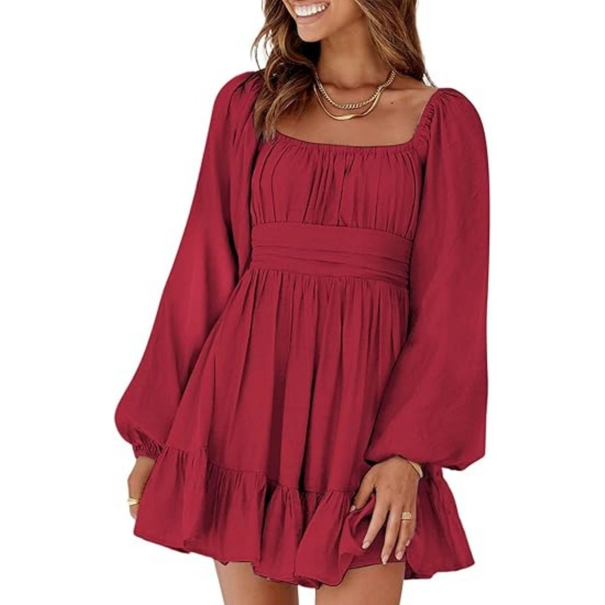 Square Neck Puff Sleeve Ruffle Hem Dress - RED-S