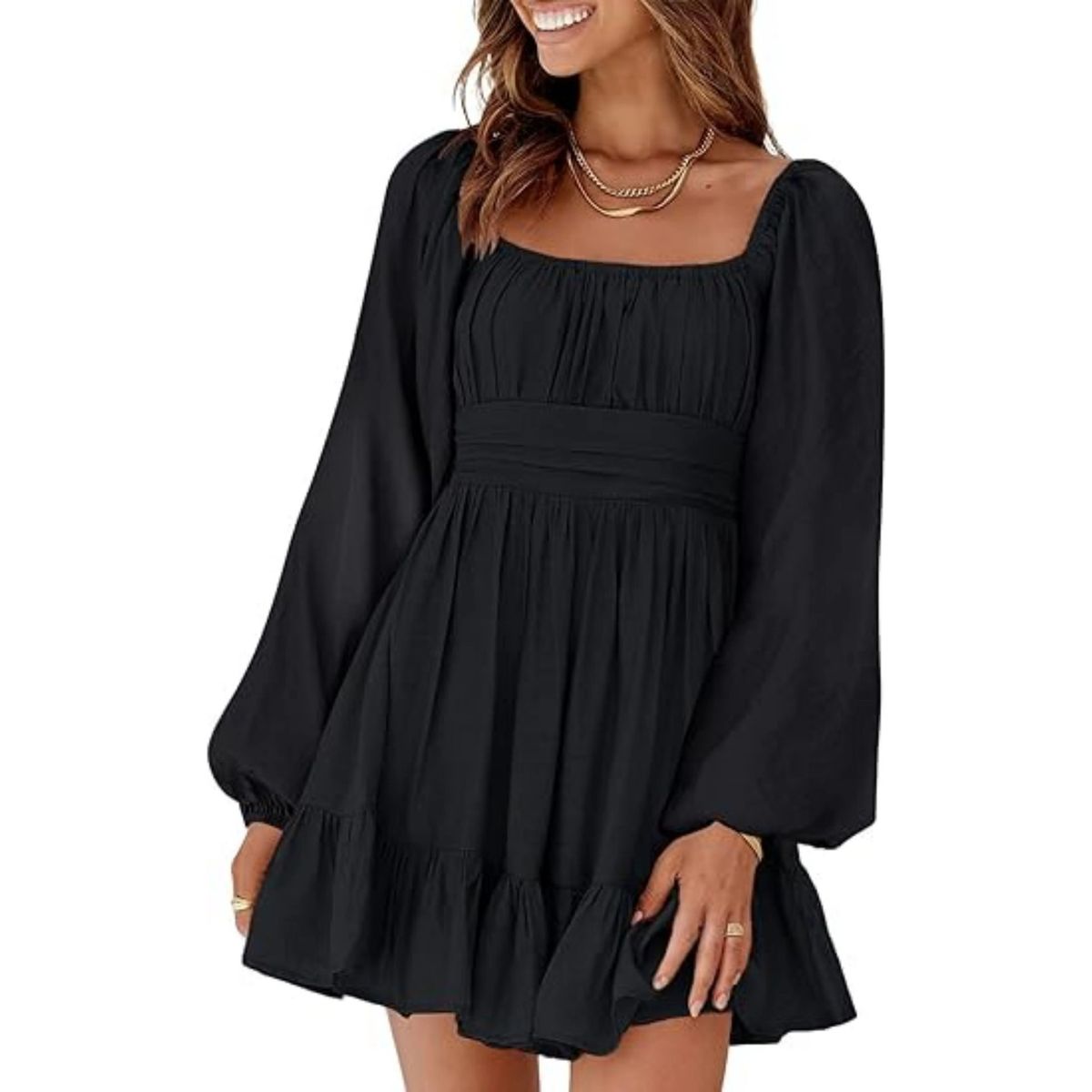 Square Neck Puff Sleeve Ruffle Hem Dress - Black-XL