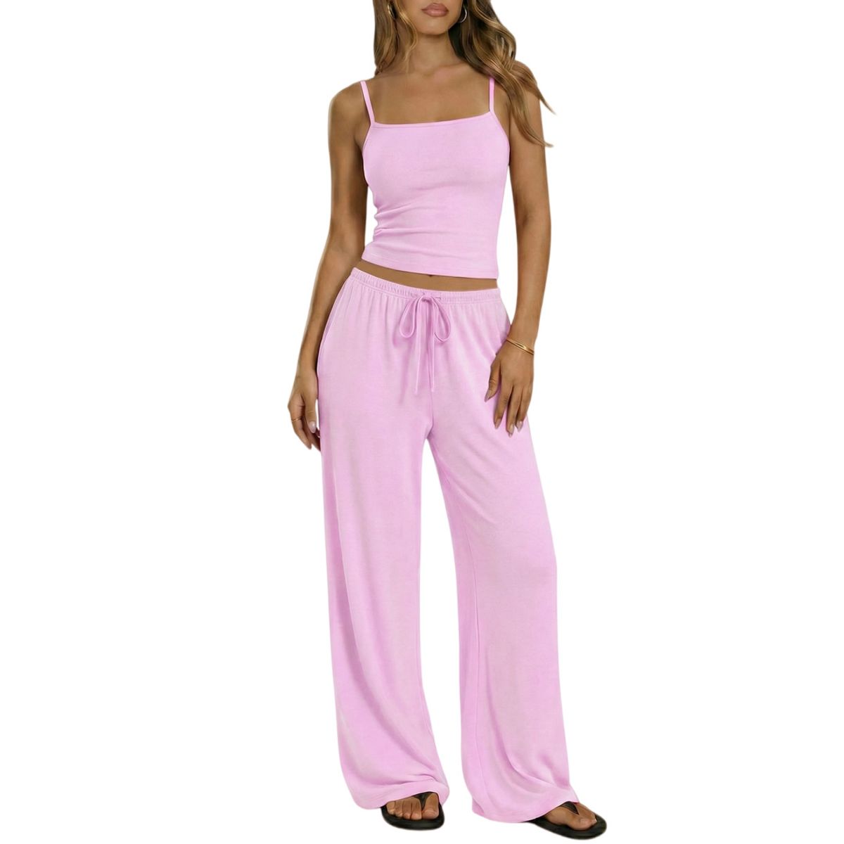 Women's Square Neck Cami and Wide Leg Pants (2 Piece Set) - Pink-XL
