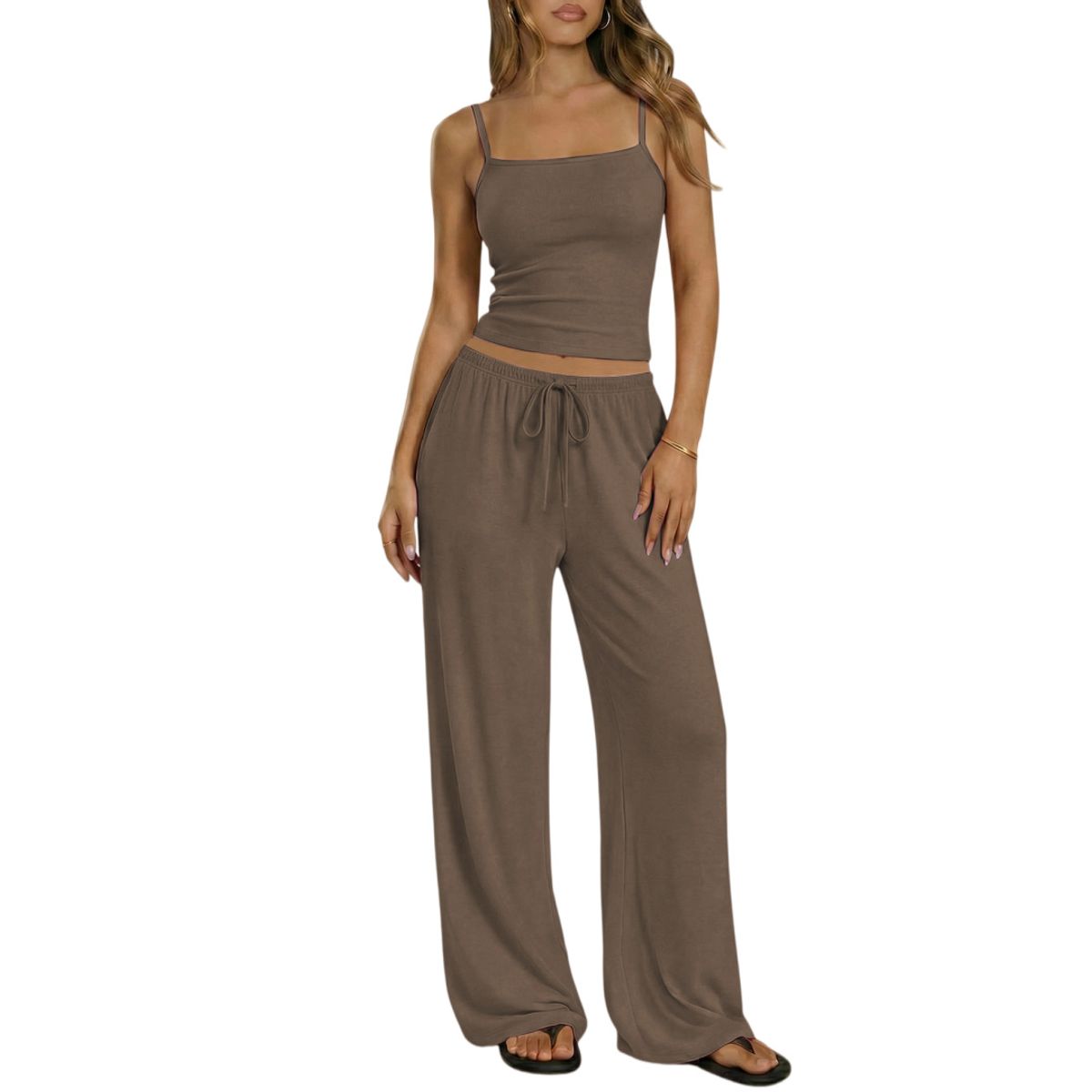 Women's Square Neck Cami and Wide Leg Pants (2 Piece Set) - Taupe-XL