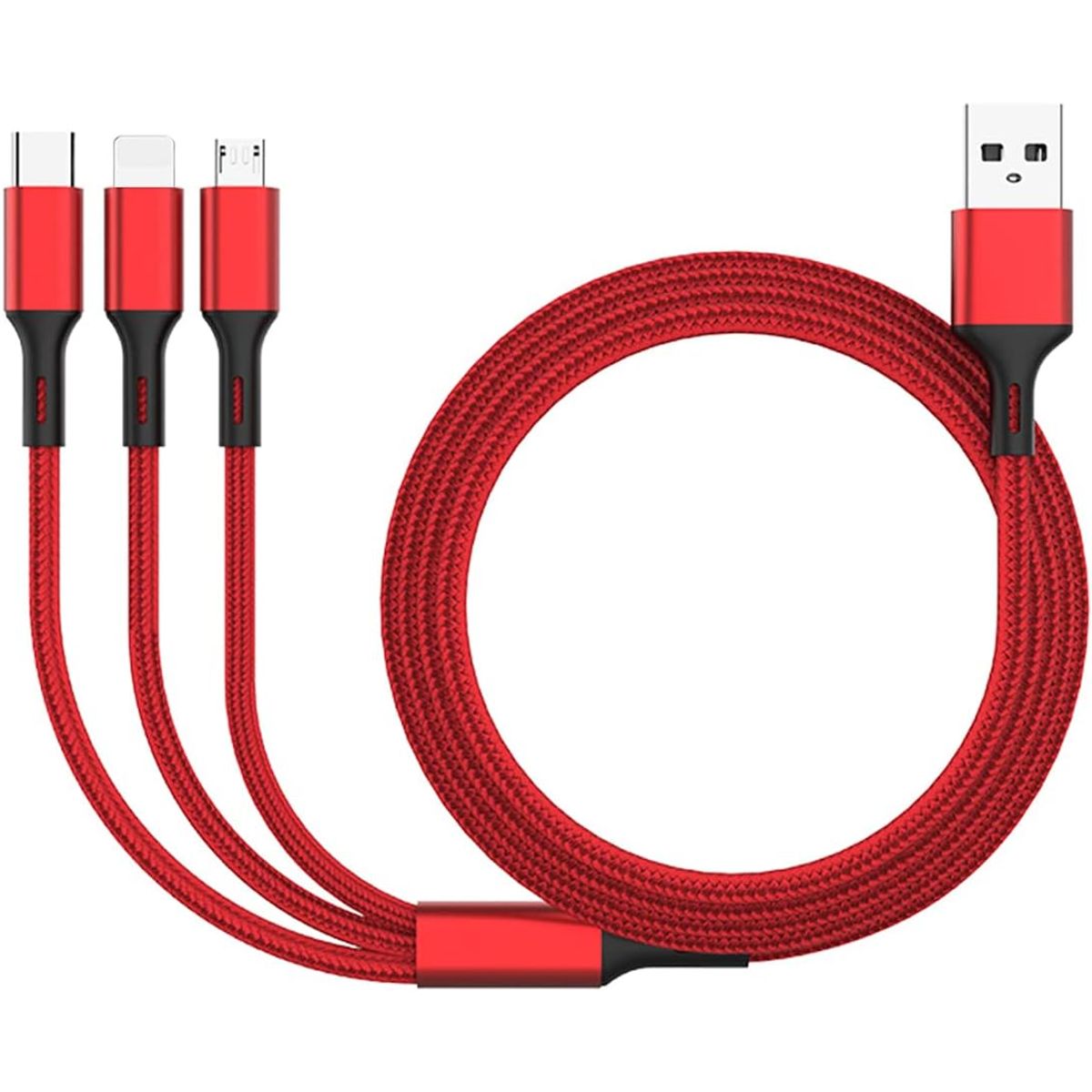 3-in-1 USB Nylon Braided Fast Charger Cable - RED