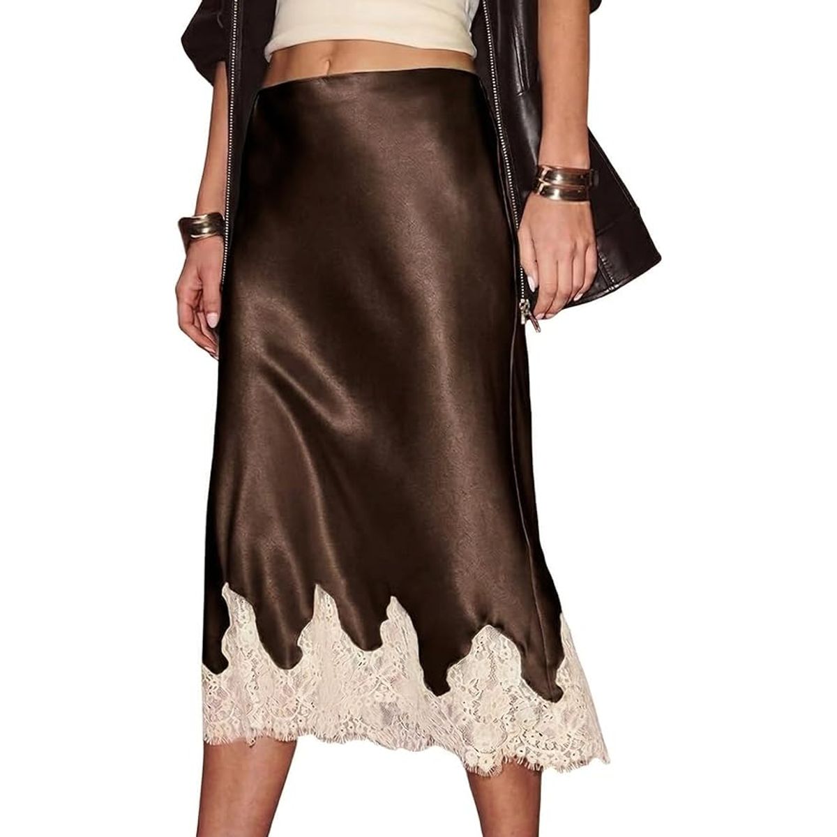 Women's Floral Lace Hem Satin Midi Skirt - Brown-L