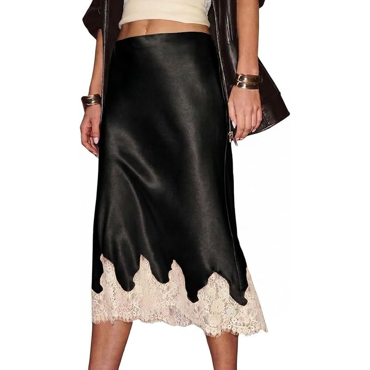 Women's Floral Lace Hem Satin Midi Skirt - Black-M