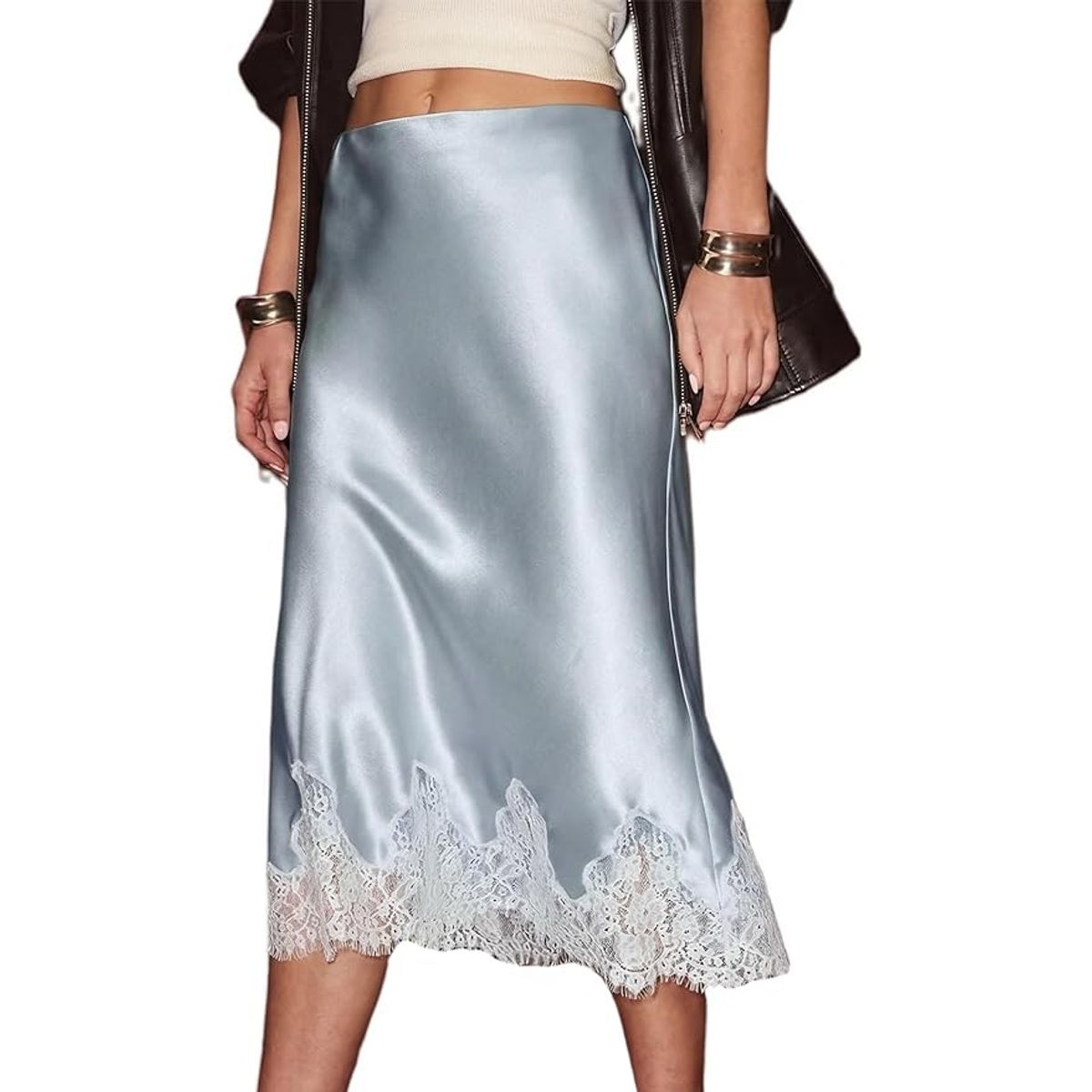 Women's Floral Lace Hem Satin Midi Skirt - Blue-M
