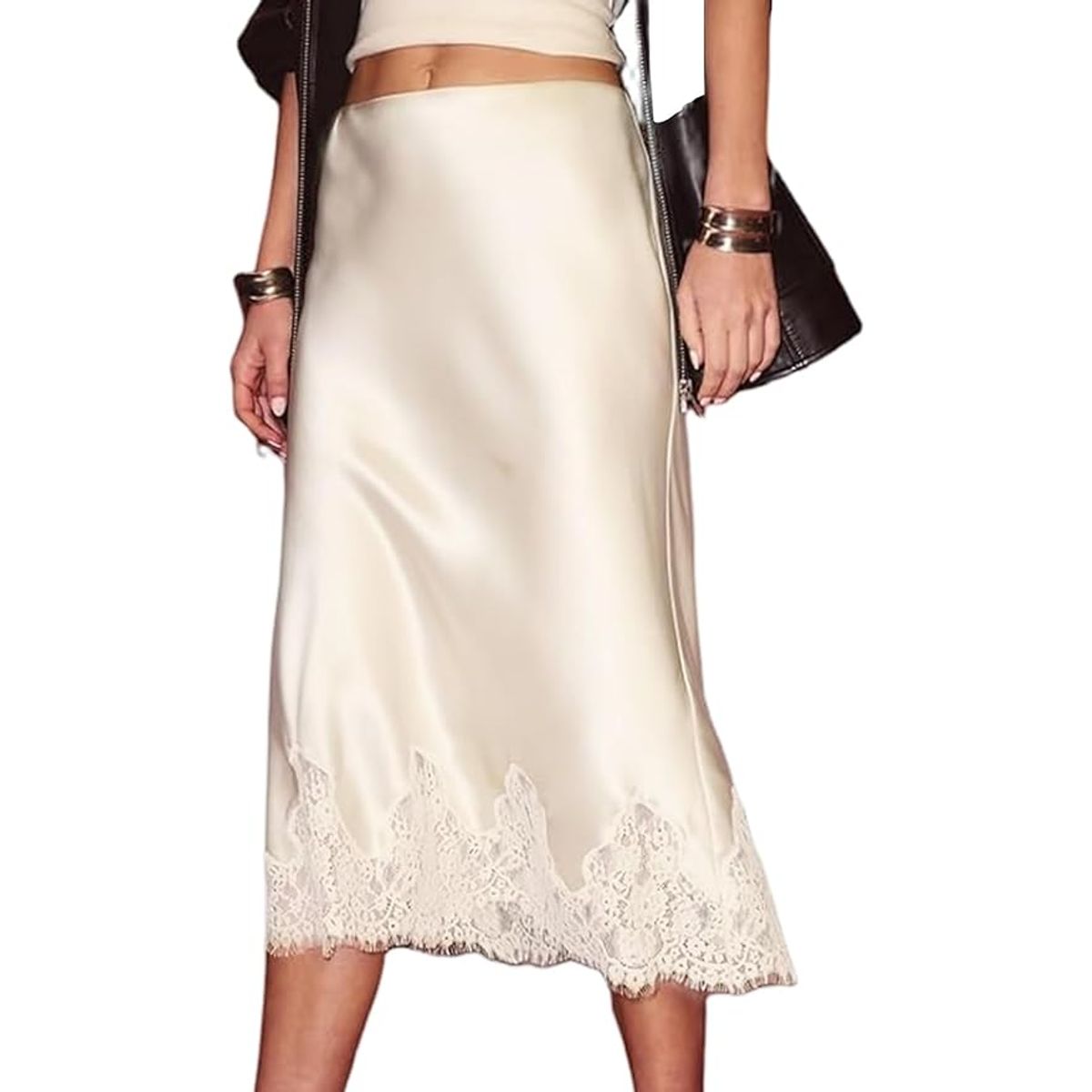 Women's Floral Lace Hem Satin Midi Skirt - Champagne Gold-S
