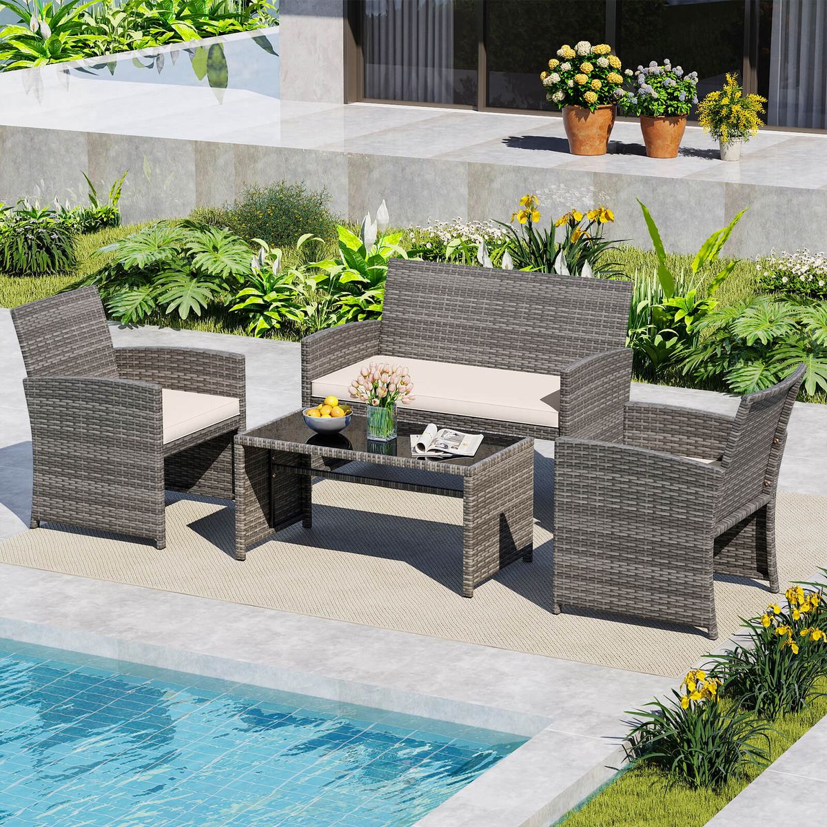 Patio Conversation Set (4 Pieces) - White + Gray