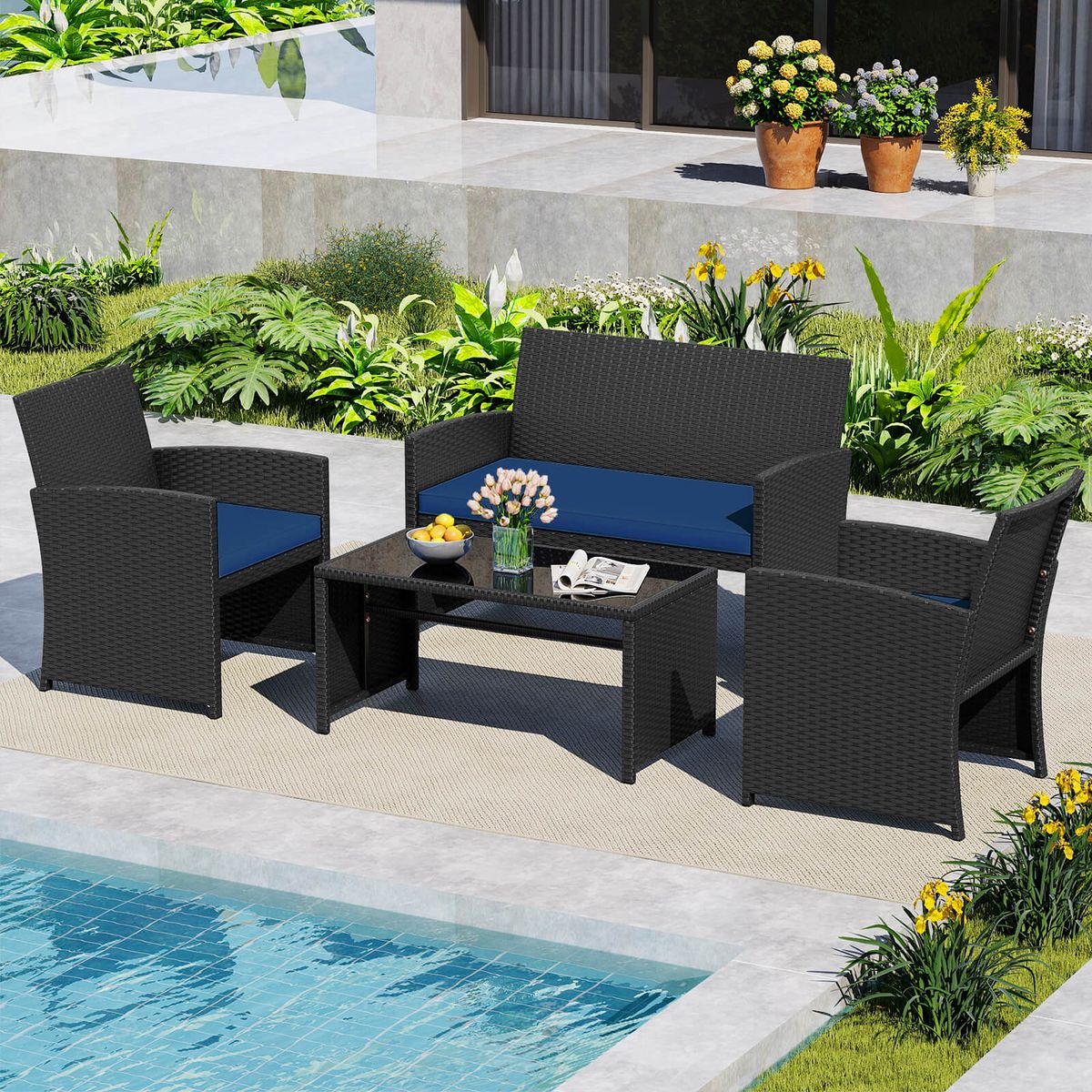 Patio Conversation Set (4 Pieces) - Navy+Black