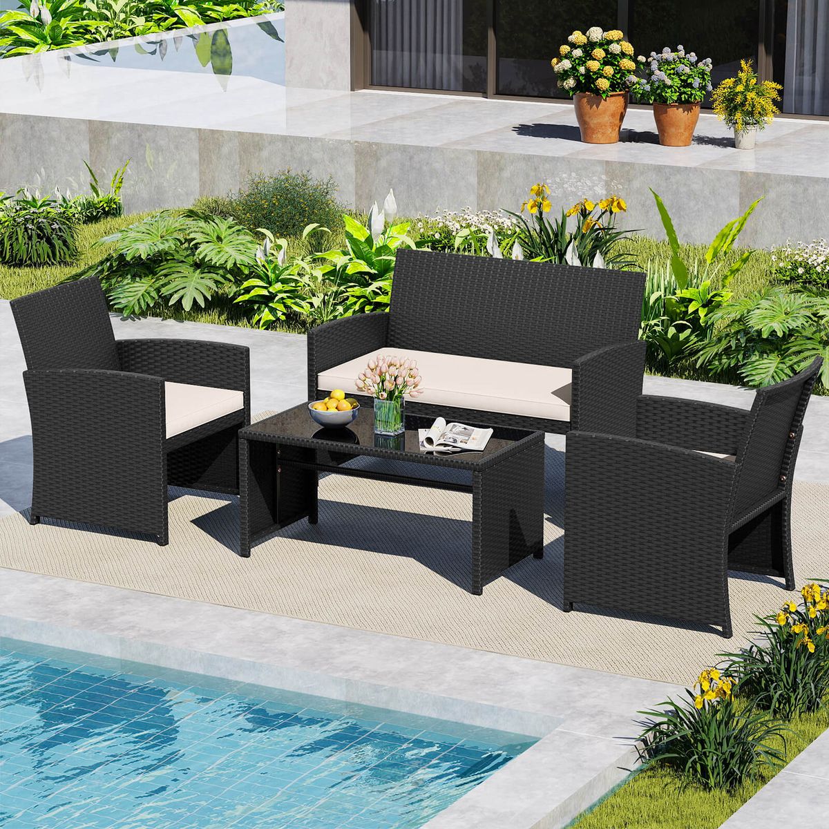 Patio Conversation Set (4 Pieces) - White+Black