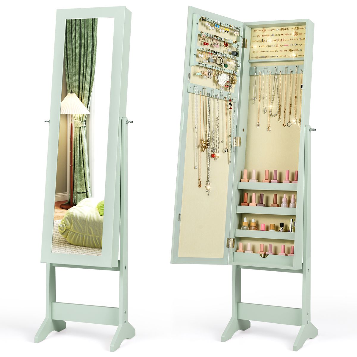 Mirrored Standing Jewelry Cabinet Storage Box - Mirrored Cabinet-Green