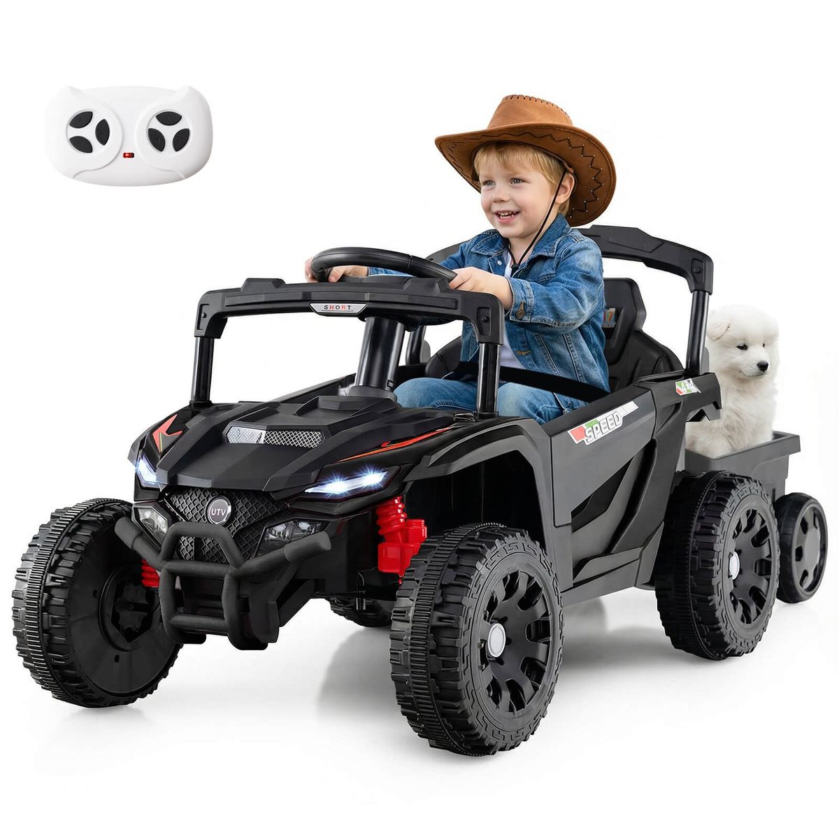 Kids' 12V Ride On UTV with Detachable Trailer - Black