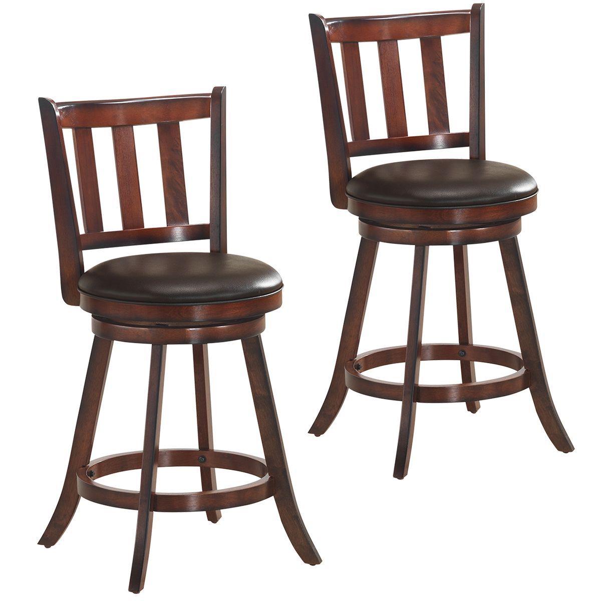 Brown Wood Leather Padded Swivel Bar Stools (2 or 4 Pack) - Costway Set of 2 25'' Swivel B