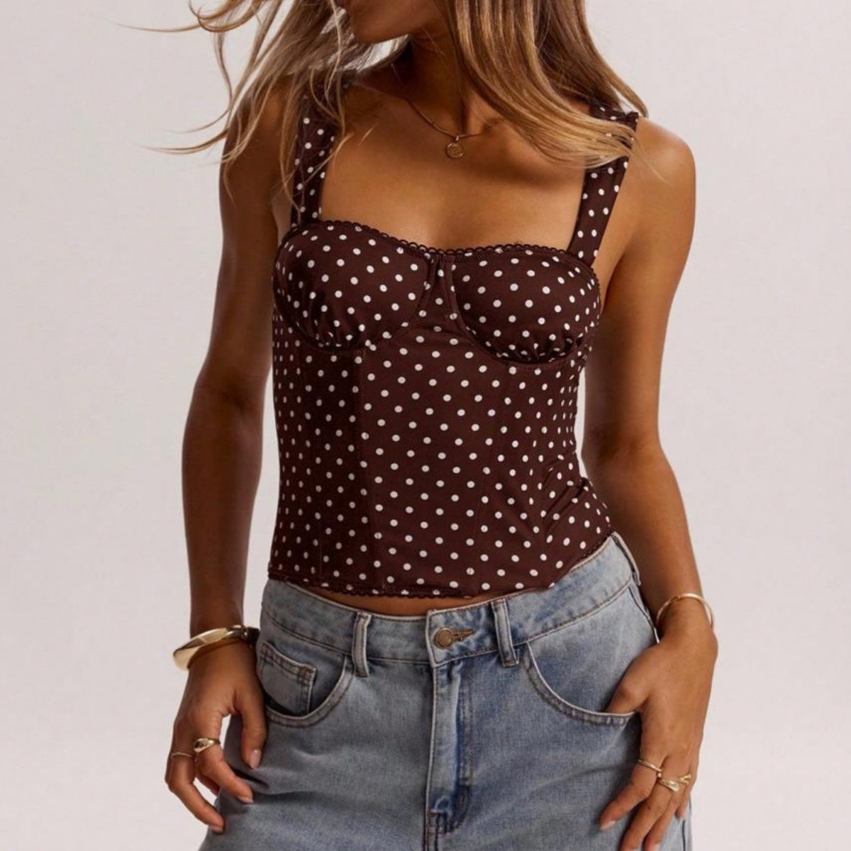 Women's Square Neck Polka Dot Corset Top - Coffee-S